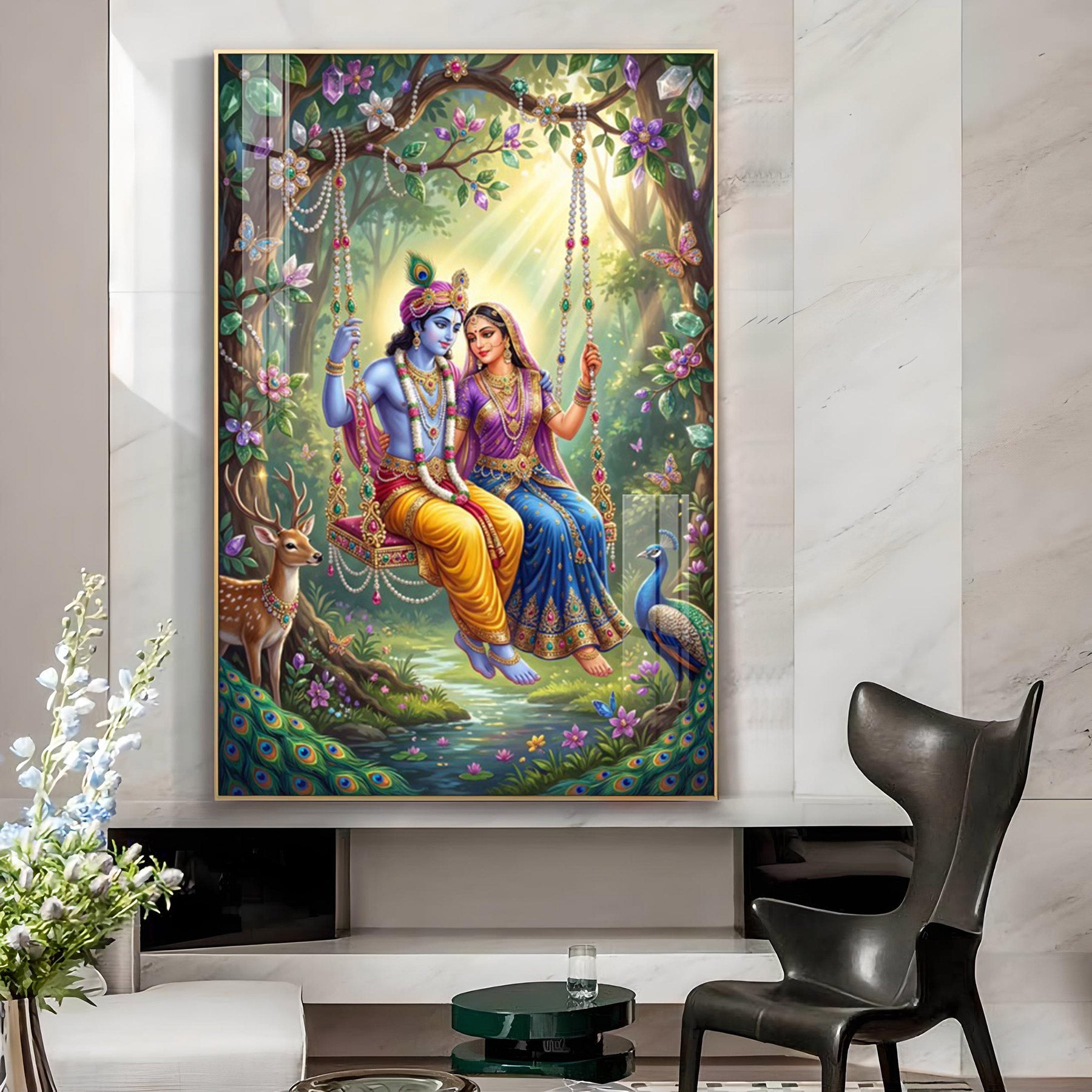 Radha & Krishna Seated Together On A Jhula Glass Finish Vertical Wall Art