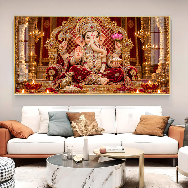 Lord Ganesha in Crimson Attire Glass Finish Horizontal Wall Art