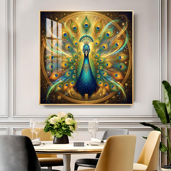 Style Peacock Glass Finish Square Wall Art