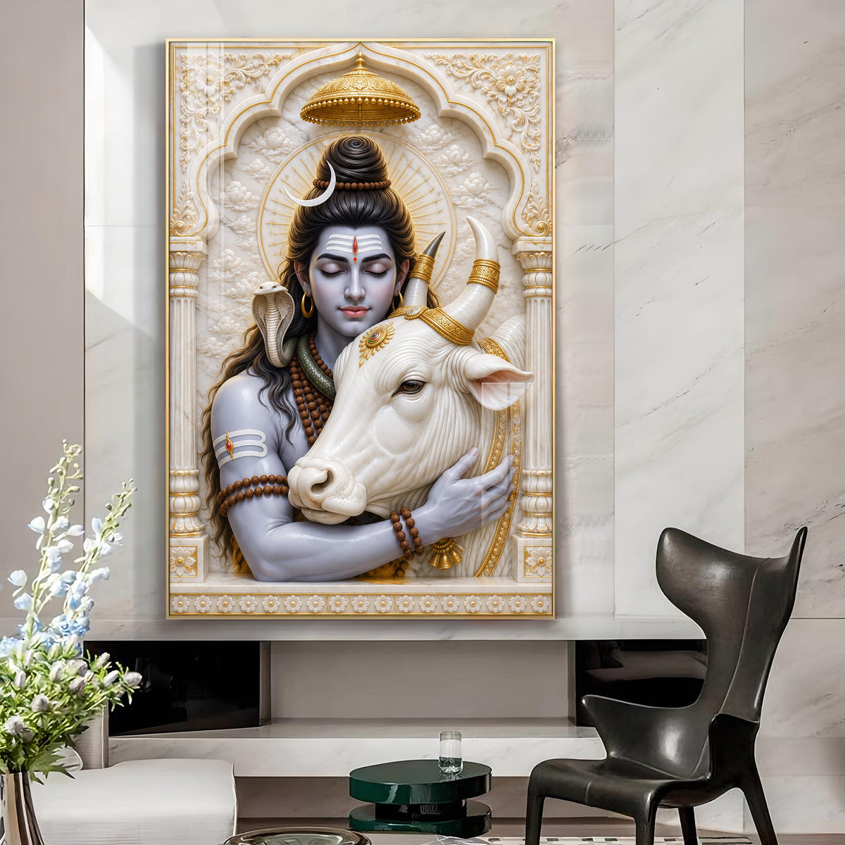 Divine Lord Shiva With Nandi Glass Finish Vertical Wall Art