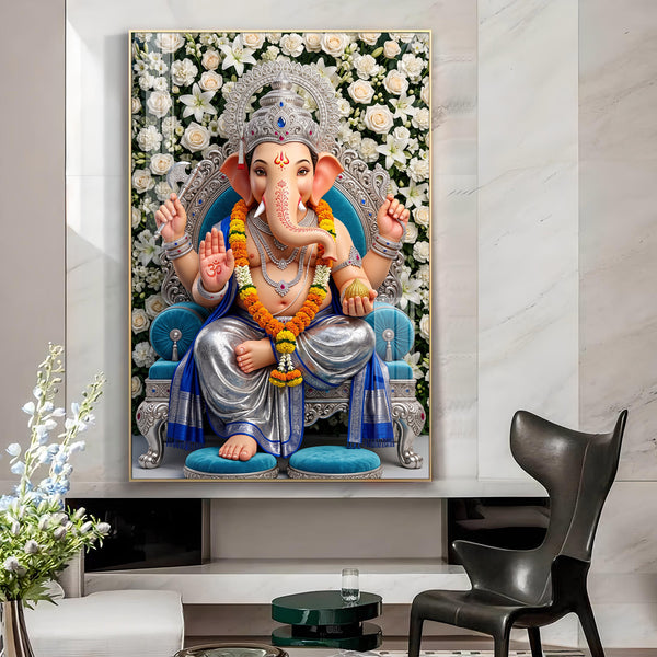 Divine Lord Ganesha With White Floral Glass Finish Vertical Wall Art