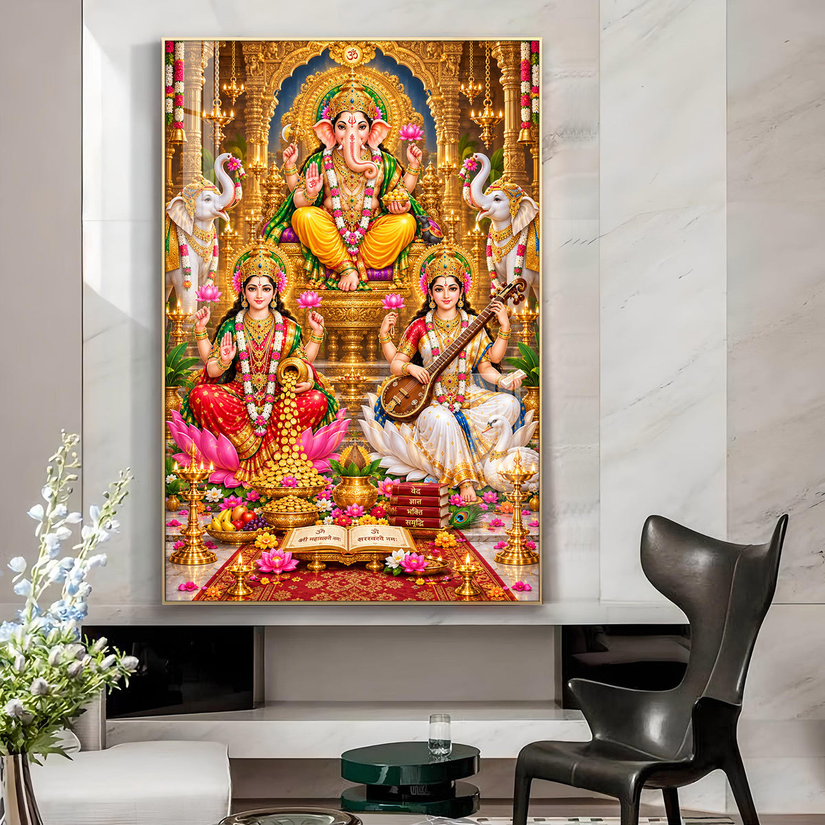 Ganesh Ji, Maa Laxmi & Maa Saraswati Glass Finish Vertical Wall Art