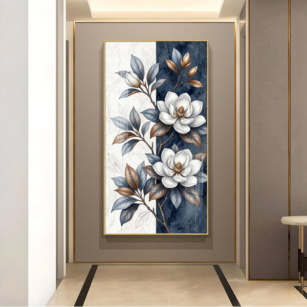 White & Blue Magnolias Flowers Glass Finish Vertical Wall Art