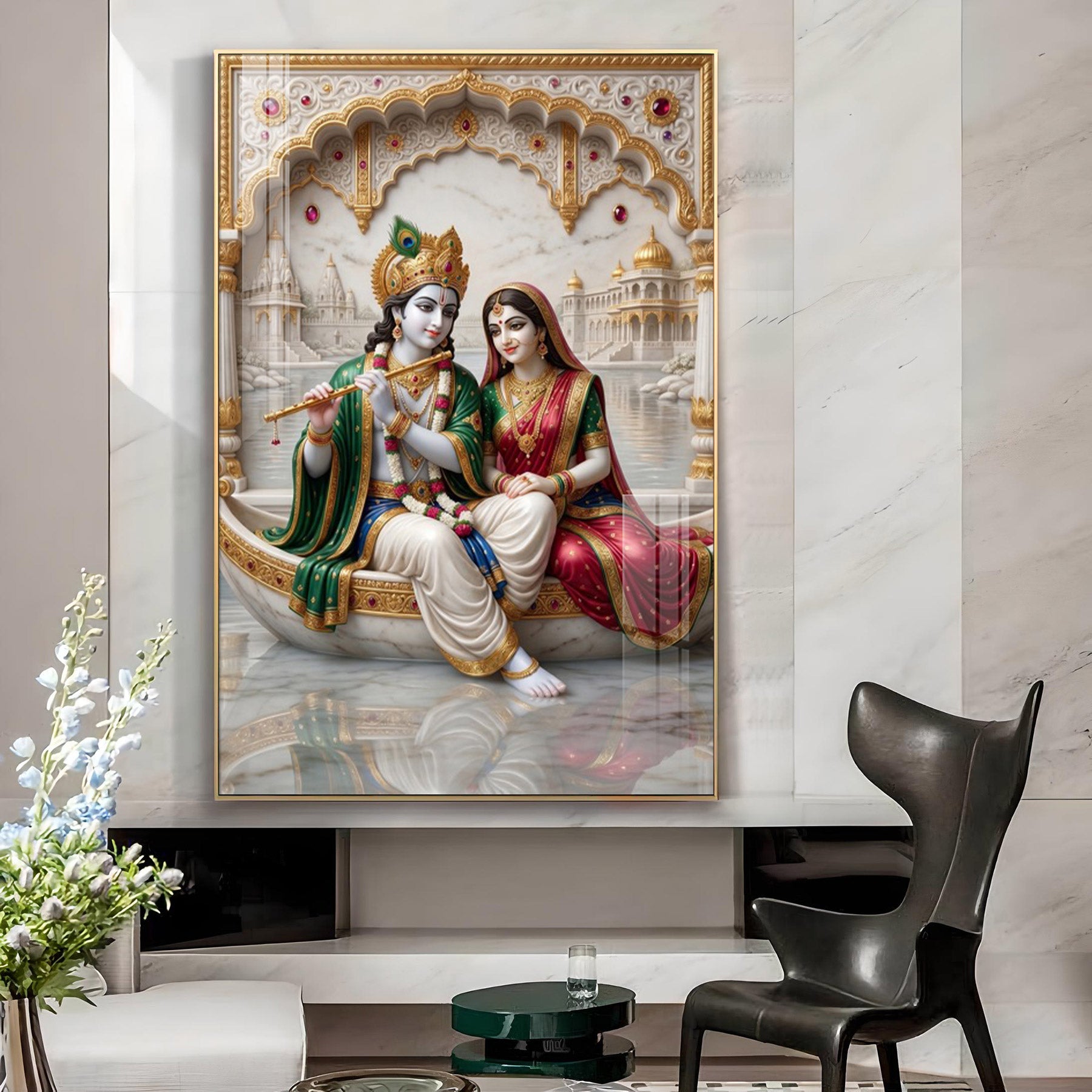 Radha Krishna Seated On A Boat Glass Finish Vertical Wall Art