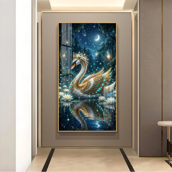 Calm Night Magical Swan Glass Finish Vertical Wall Art