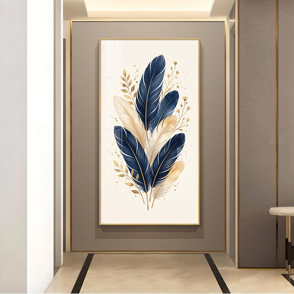 Blue & Metallic Gold Feathers Glass Finish Vertical Wall Art