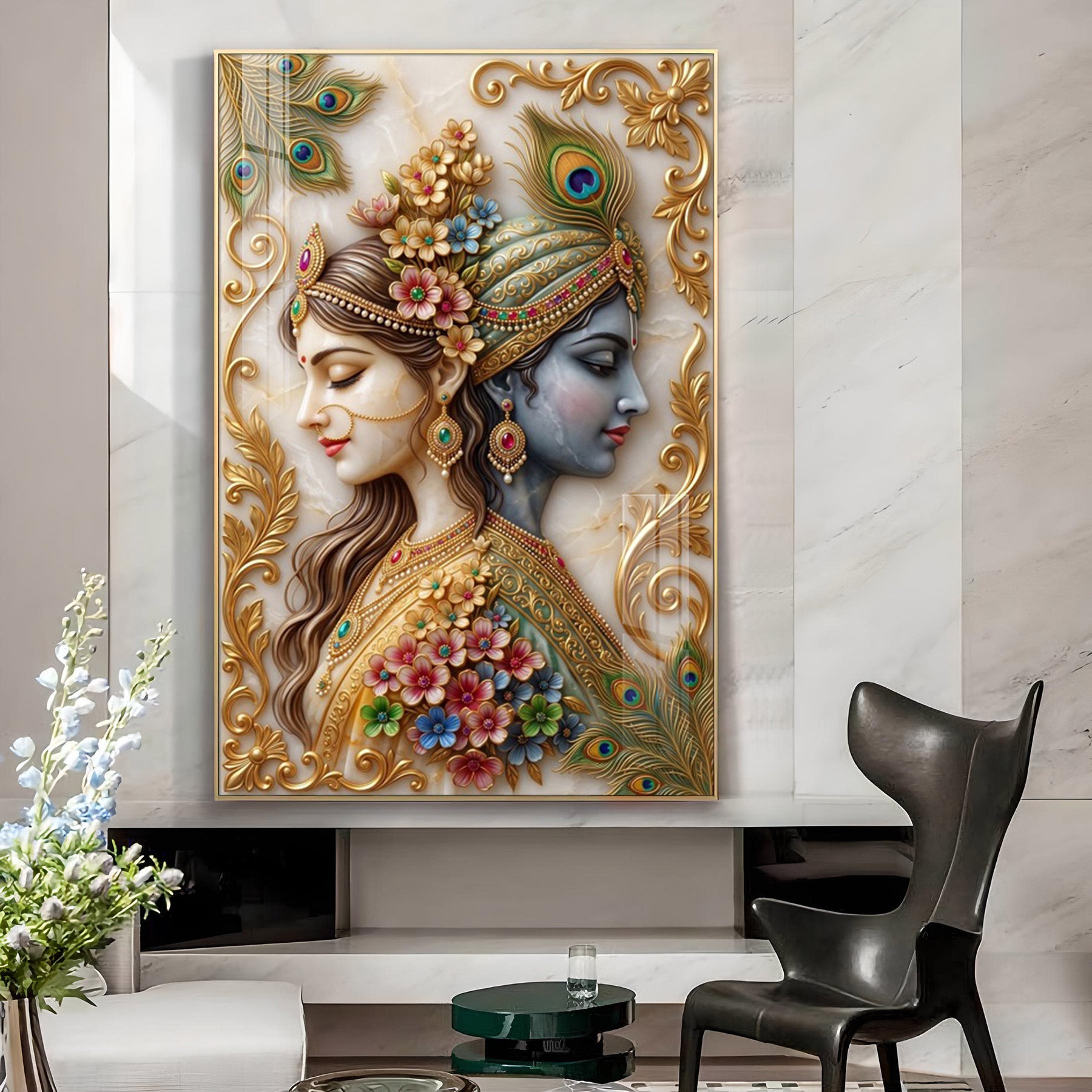 God Krishna With Radha Glass Finish Vertical Wall Art