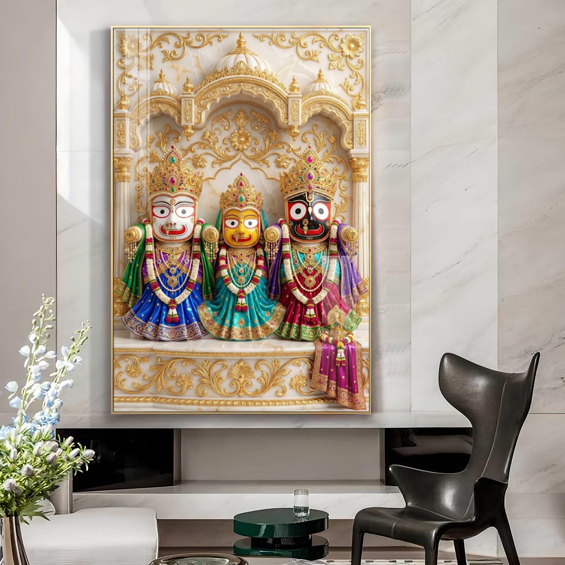 Lord Jagannath, Balabhadra & Subhadra Glass Finish Vertical Wall Art