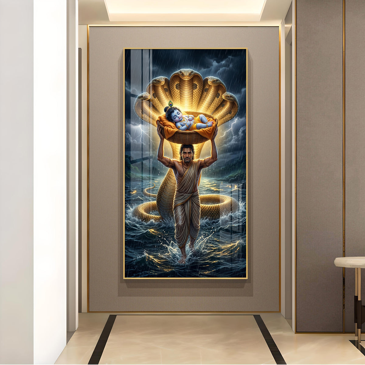 Lord Krishna with Vasudeva Glass Finish Vertical Wall Art