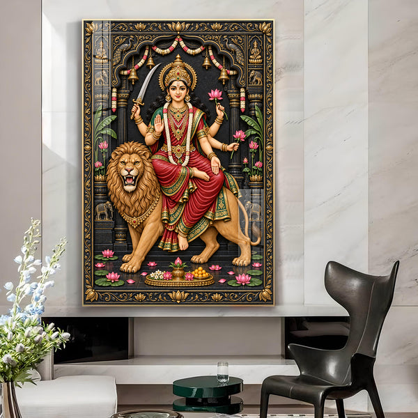 Durga Maa Divine Glass Finish Vertical Wall Art