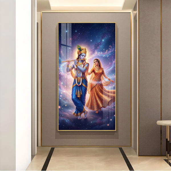 Radha Krishna Divine Glass Finish Vertical Wall Art