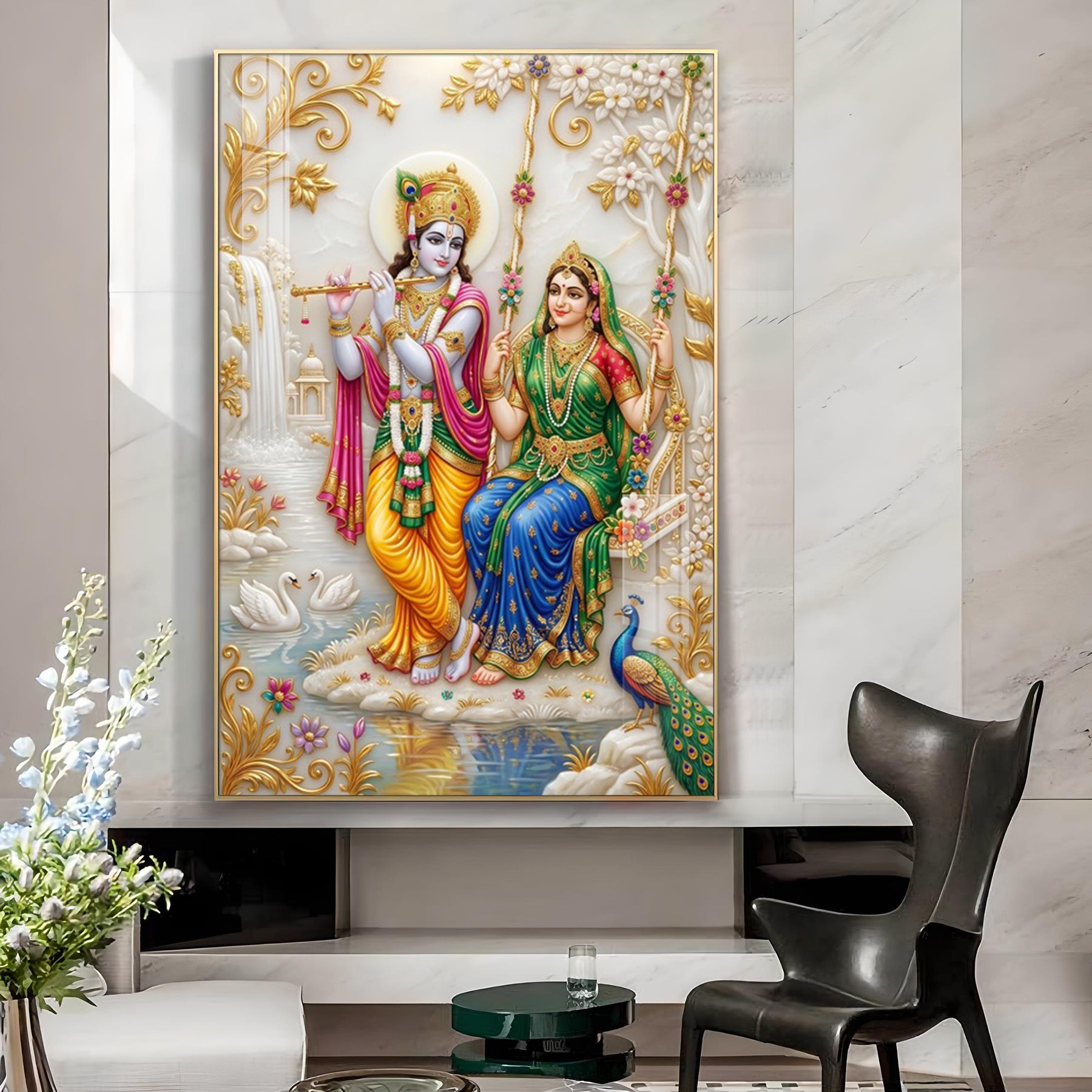 Lord Krishna With Goddess Radha Glass Finish Vertical Wall Art
