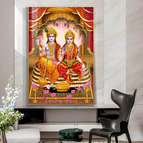Hindu Deities Lord Lakshmi Narayana Glass Finish Vertical Wall Art