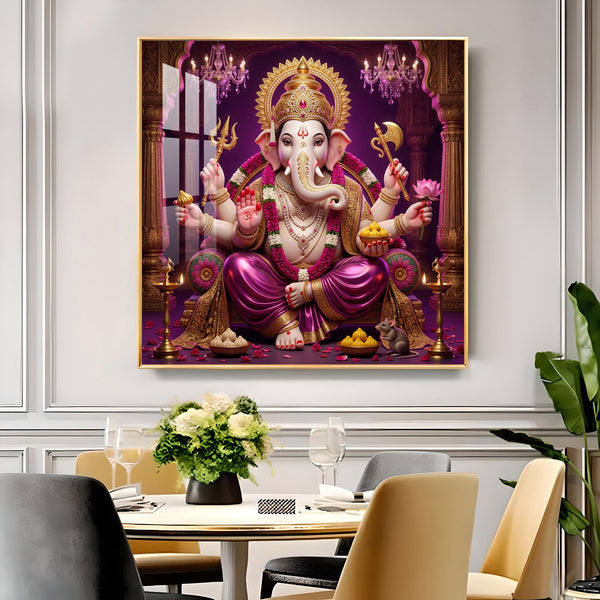 Lord Ganesha in Purple Attire Glass Finish Square Wall Art