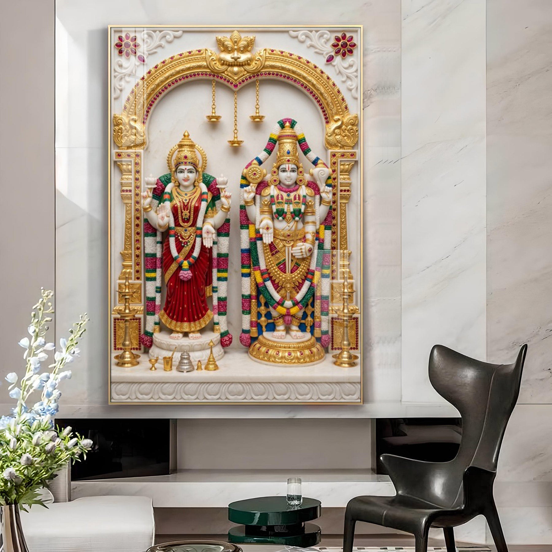 Lord Murugan With Devi Devasena Glass Finish Vertical Wall Art