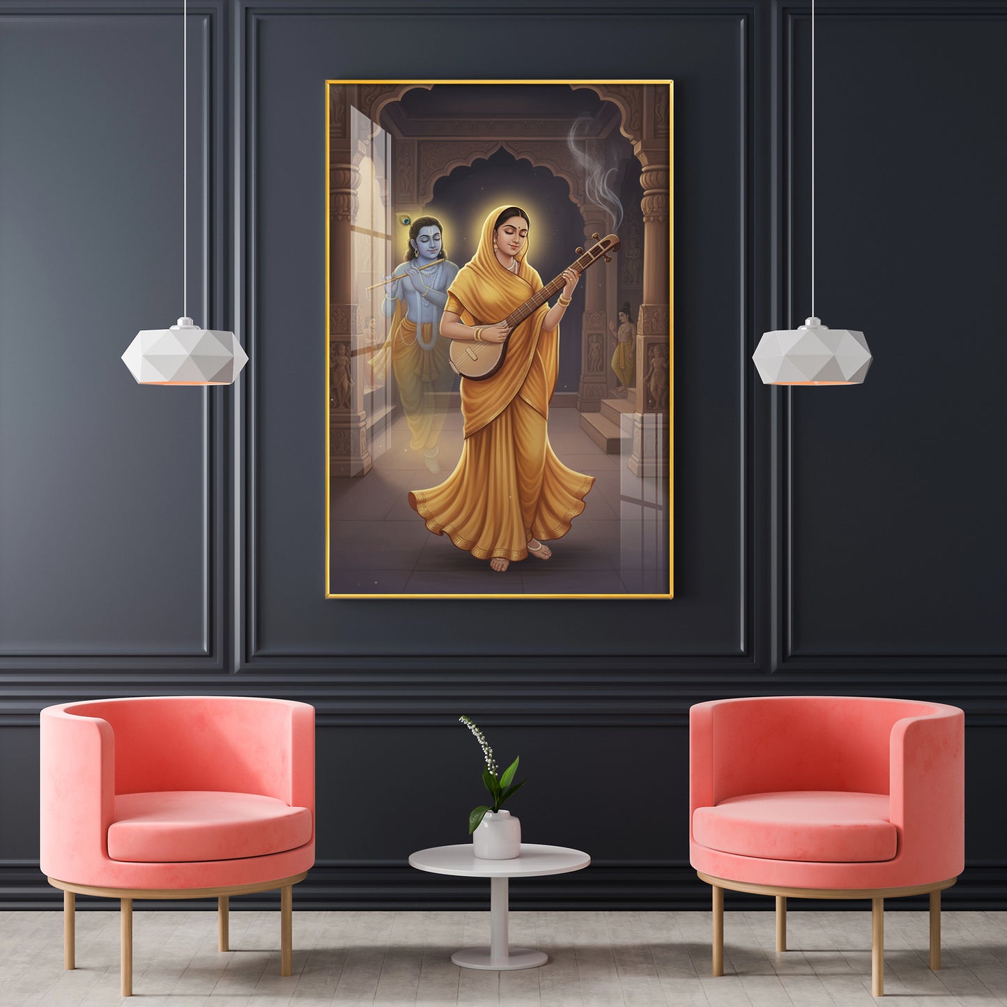 Meera Bai and Krishna Glass Finish Vertical Wall Art