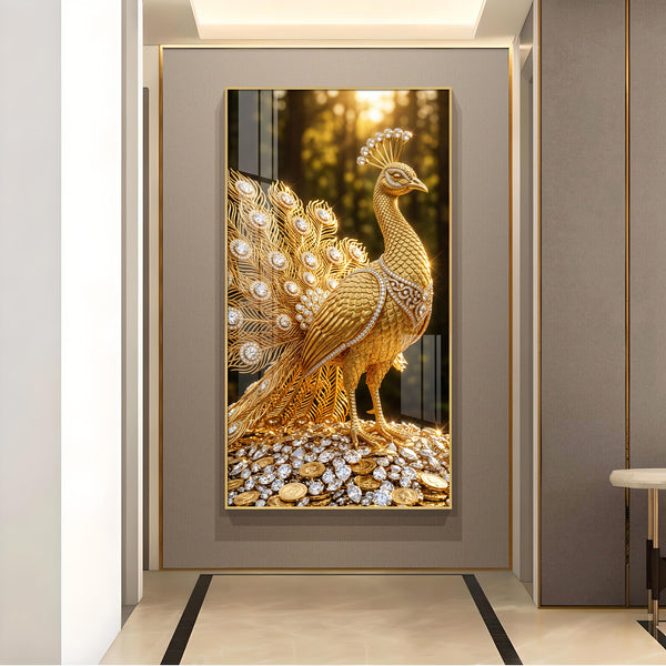 Golden Peacock Glass Finish Vertical Wall Art