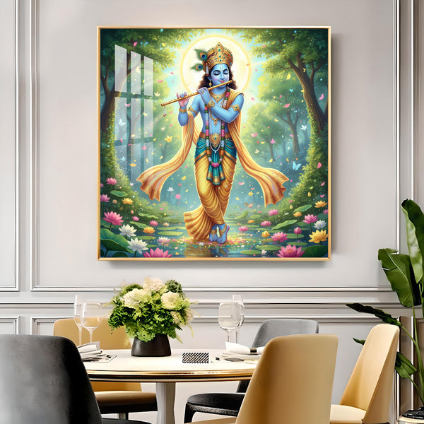 Lord Krishna With Blue Skin Glass Finish Square Wall Art