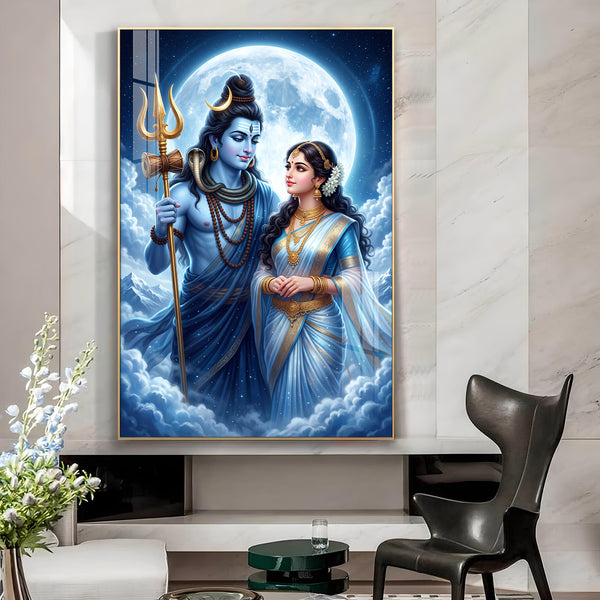 Lord Shiva Parvati Divine Couple Glass Finish Vertical Wall Art