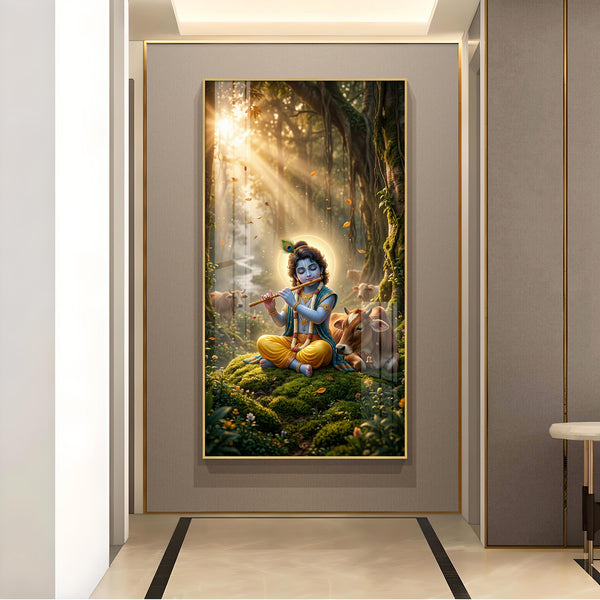 Lord Krishna Playing Flute In Garden Glass Finish Vertical Wall Art