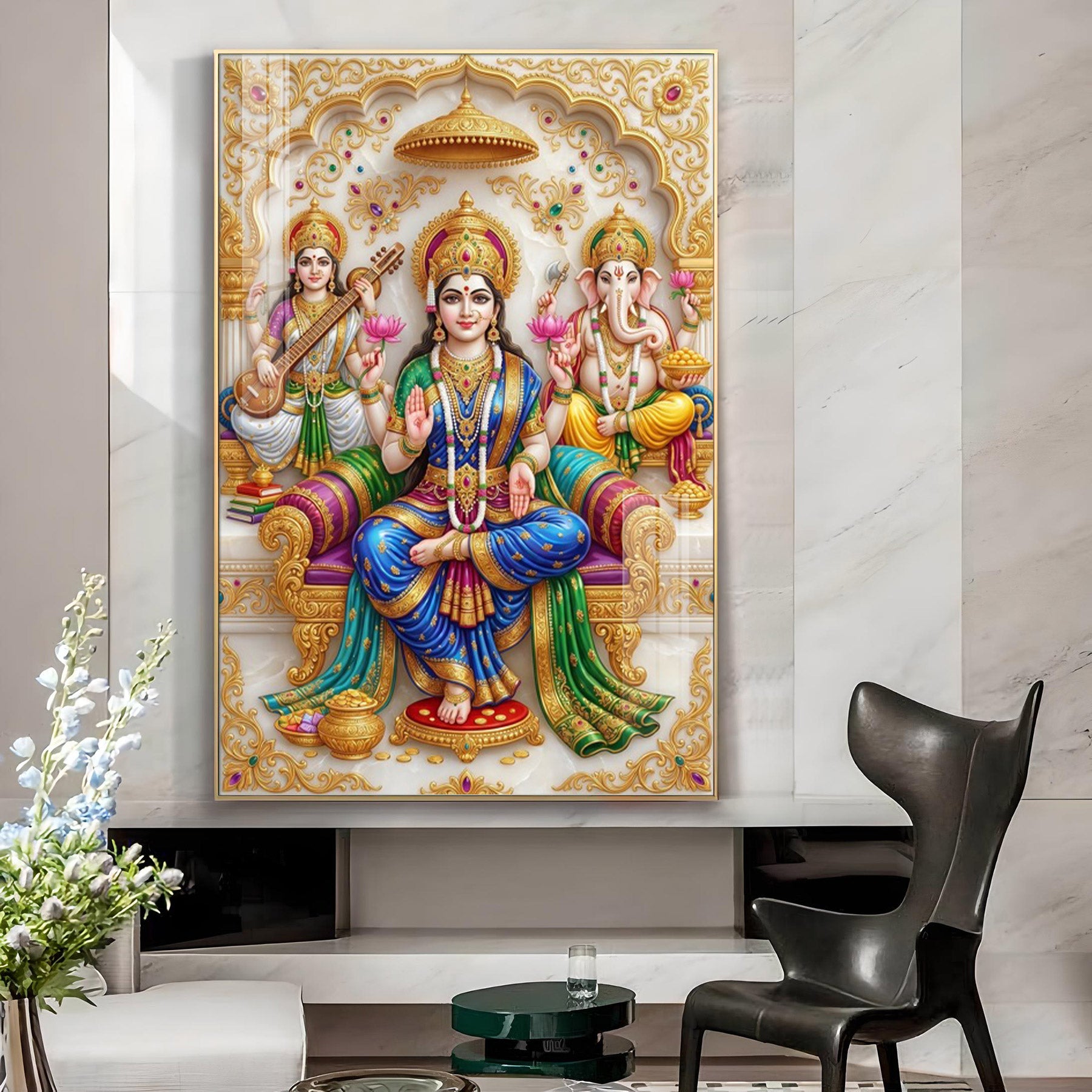 Depicts Lakshmi, Ganesha & Saraswati Glass Finish Vertical Wall Art