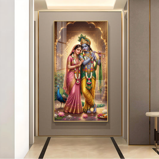 Eternal Bond of Radha Krishna Glass Finish Vertical Wall Art