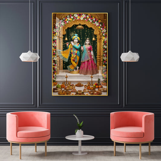Lord Krishna and Radha Glass Finish Vertical Wall Art