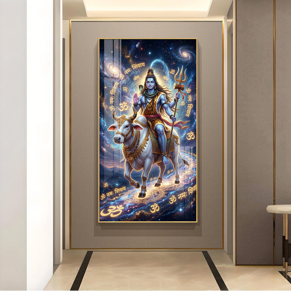 Lord Shiva With Nandi Glass Finish Vertical Wall Art