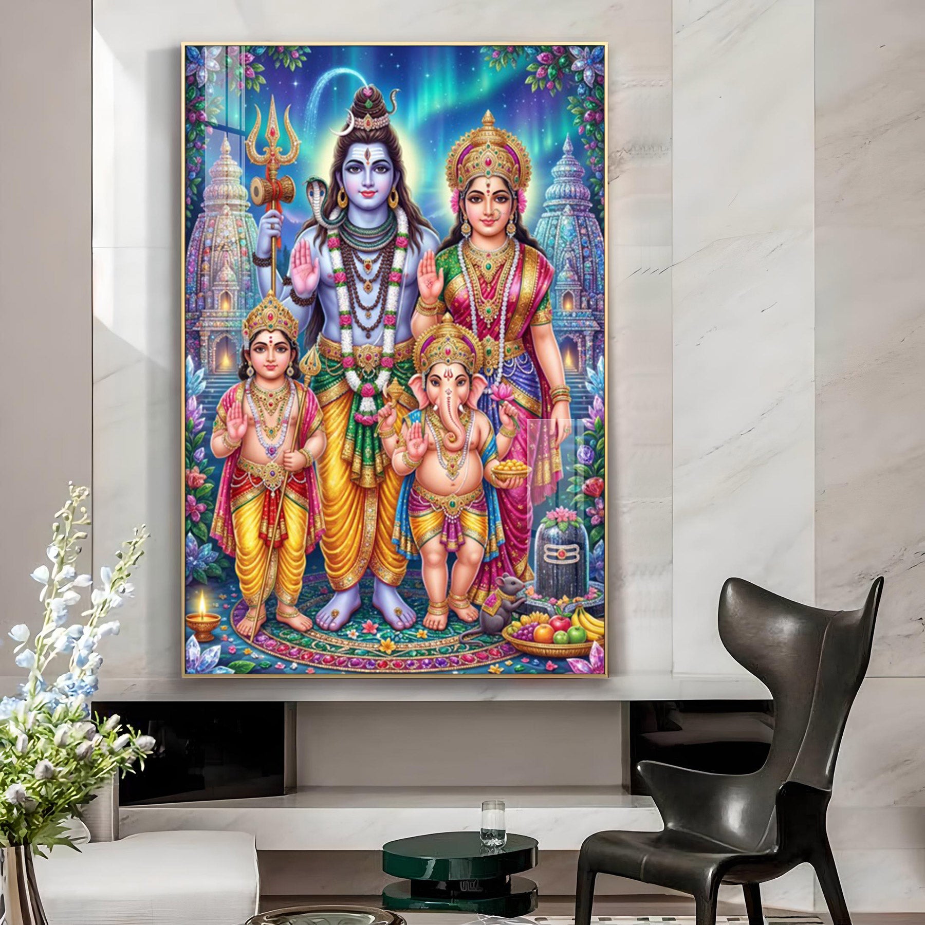 Lord Shiv Parivar Glass Finish Vertical Wall Art