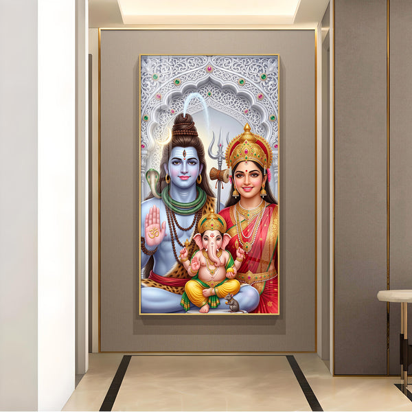 Hindu Deity Family Glass Finish Vertical Wall Art
