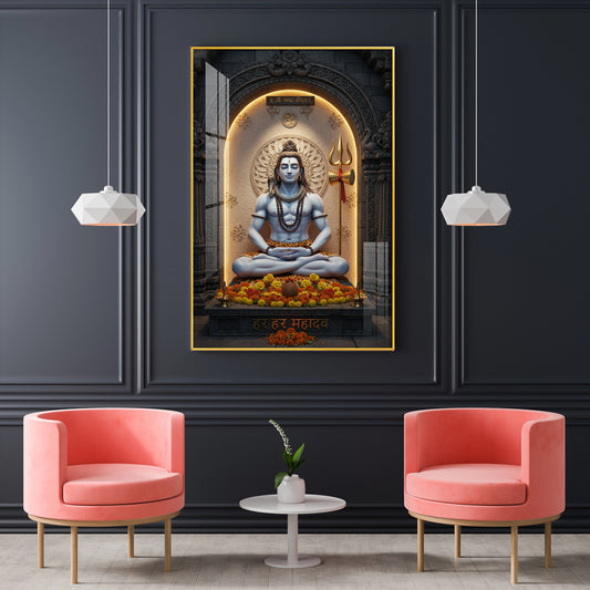 Lord Shiva In A Meditative Pose Glass Finish Vertical Wall Art