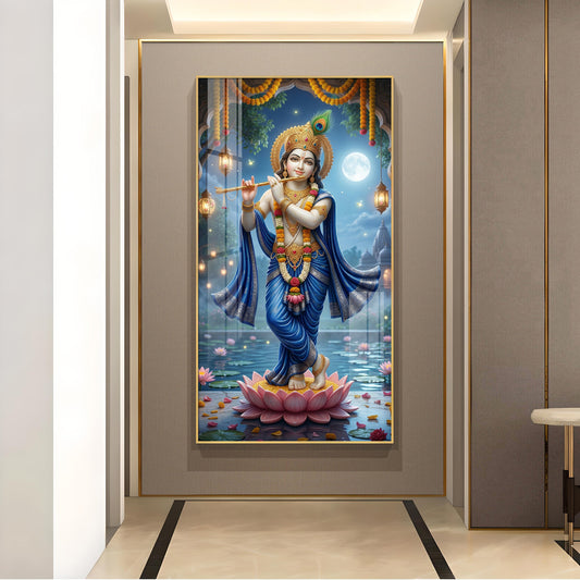 Lord Krishna With Flute Glass Finish Vertical Wall Art