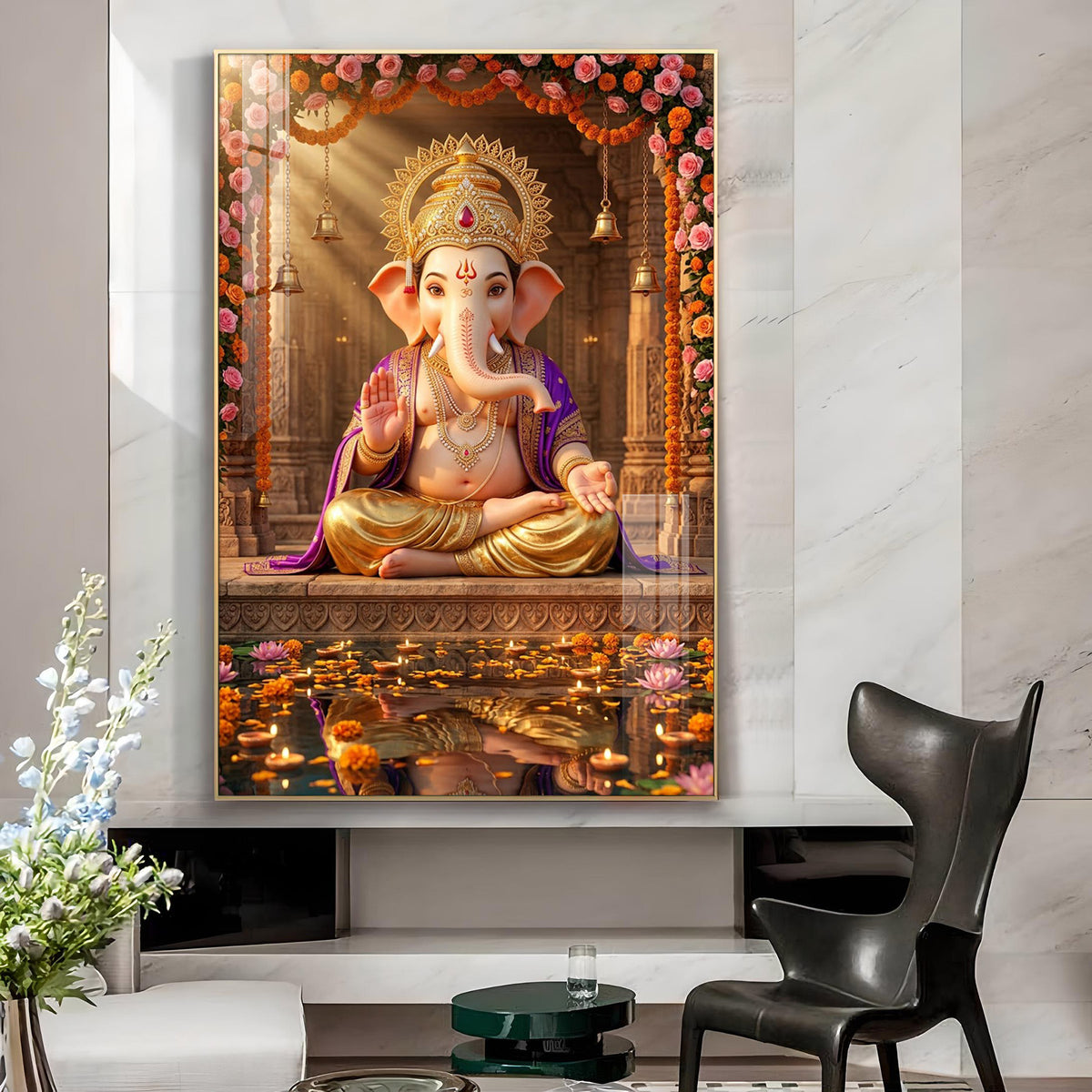 Ganesha Blessing Glass Finish Vertical Wall Art