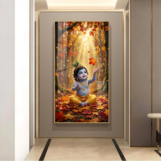 Lord Kanha In Forest Glass Finish Vertical Wall Art