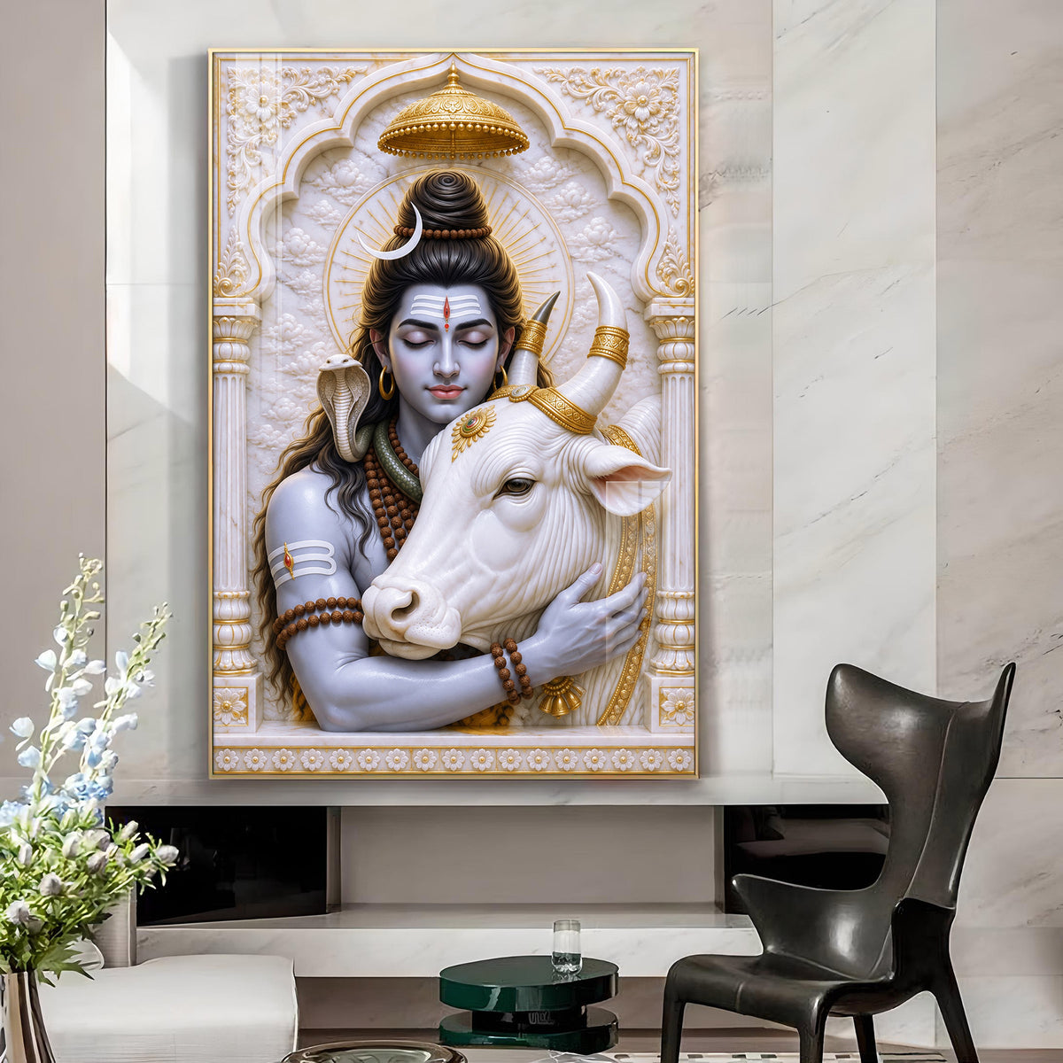 Divine Nandi With Mahadev Glass Finish Vertical Wall Art