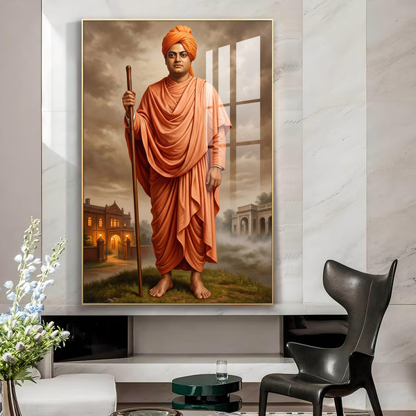 Hindu Monk Swami Vivekananda Glass Finish Vertical Wall Art