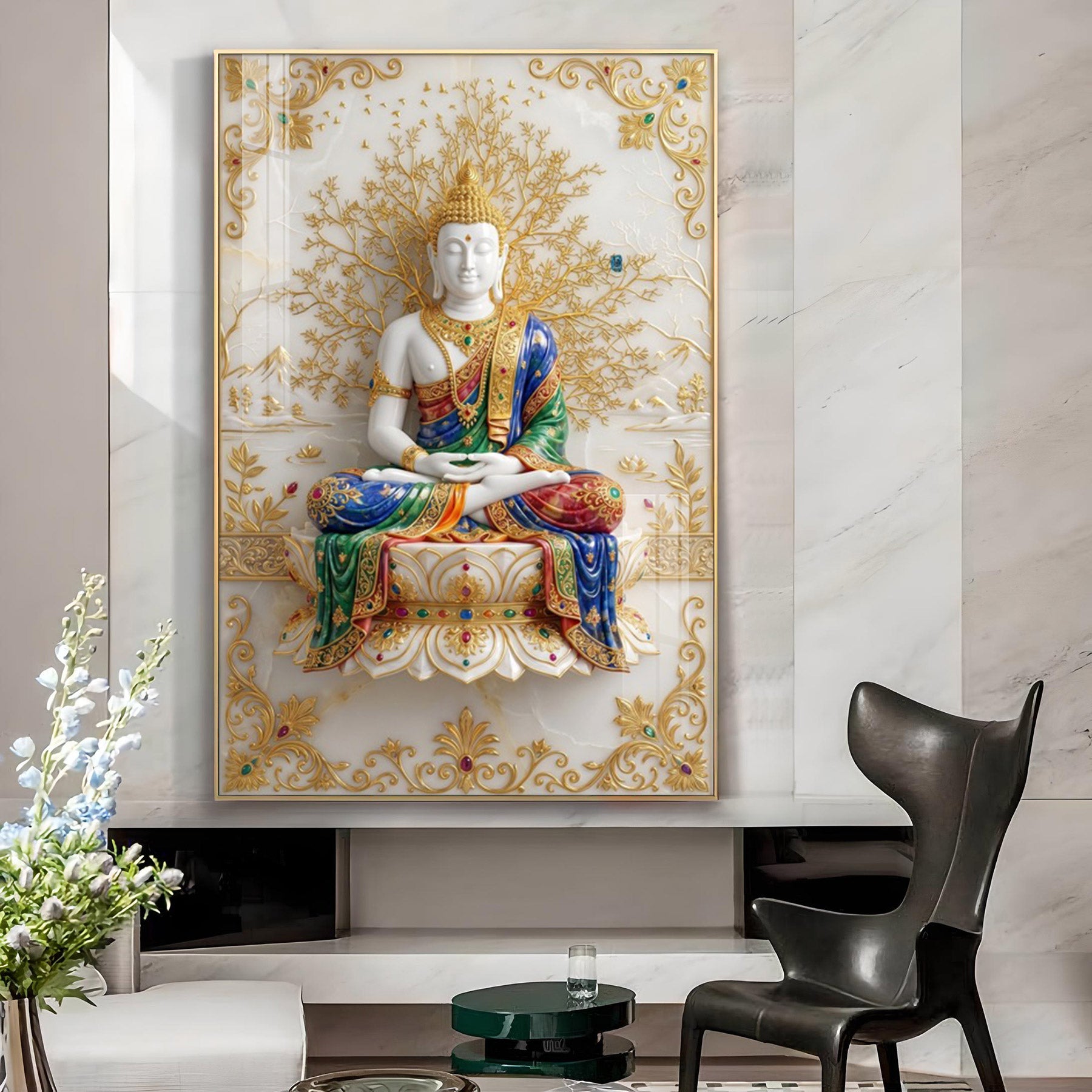 Lord Buddha Seated On A Lotus Glass Finish Vertical Wall Art