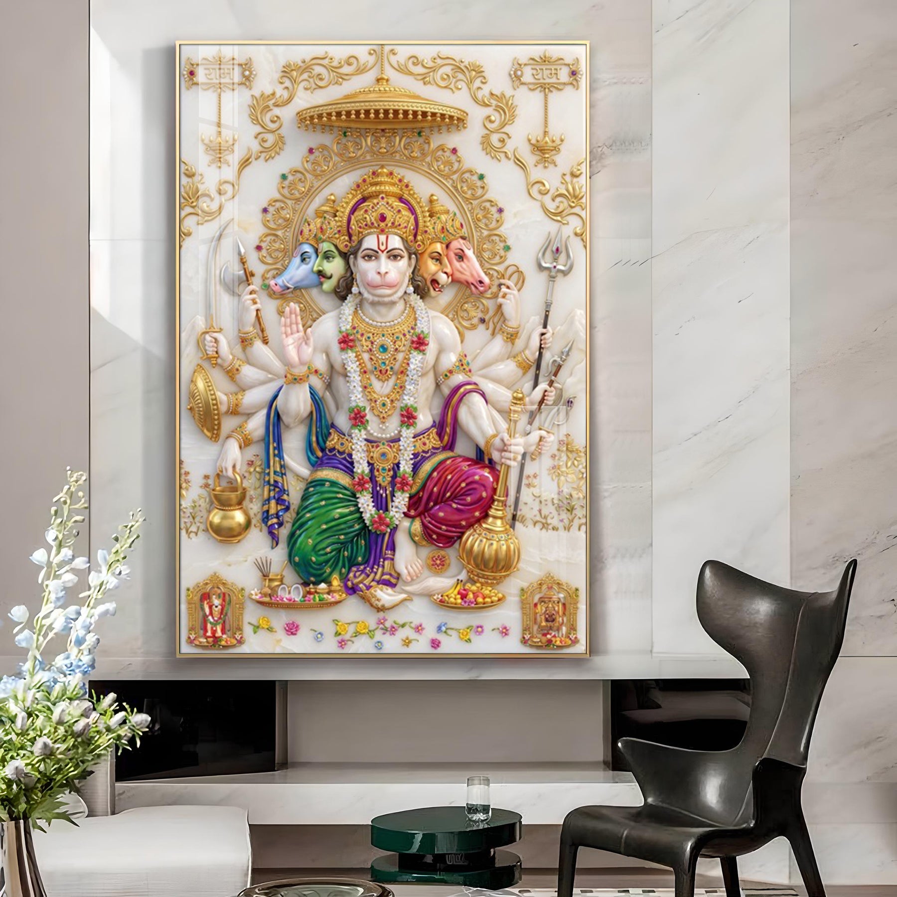 Divine Panchmukhi Hanuman Glass Finish Vertical Wall Art