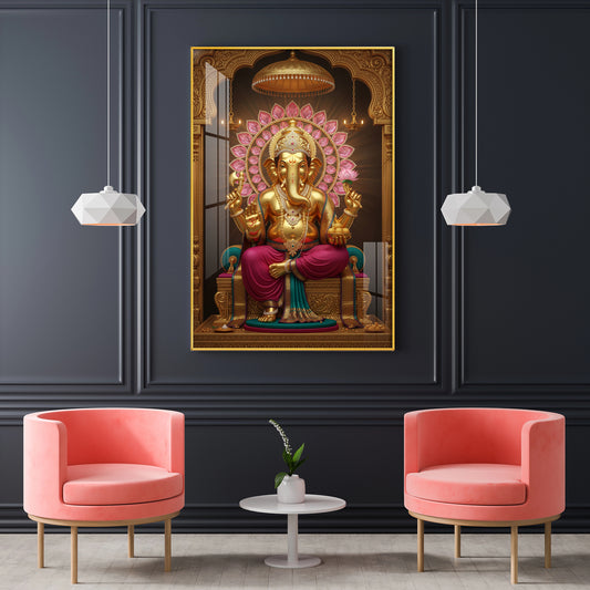 Lord Ganesha With Intricate Floral Glass Finish Vertical Wall Art