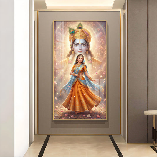 Radha With Shri Krishna Glass Finish Vertical Wall Art