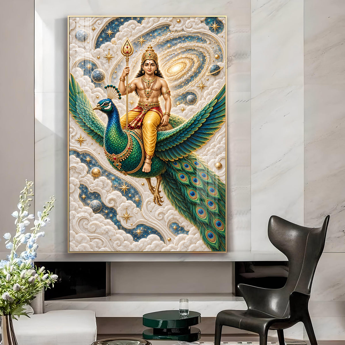 Lord Murugan On Peacock Glass Finish Vertical Wall Art