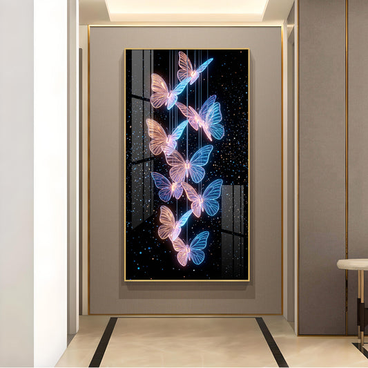 Blue & Pink Glowing Butterflies Glass Finish Vertical Wall Art