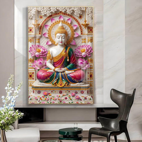 Lord Buddha In Meditating Pose Glass Finish Vertical Wall Art