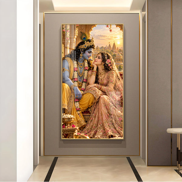 Divine Radha Krishna Love Glass Finish Vertical Wall Art