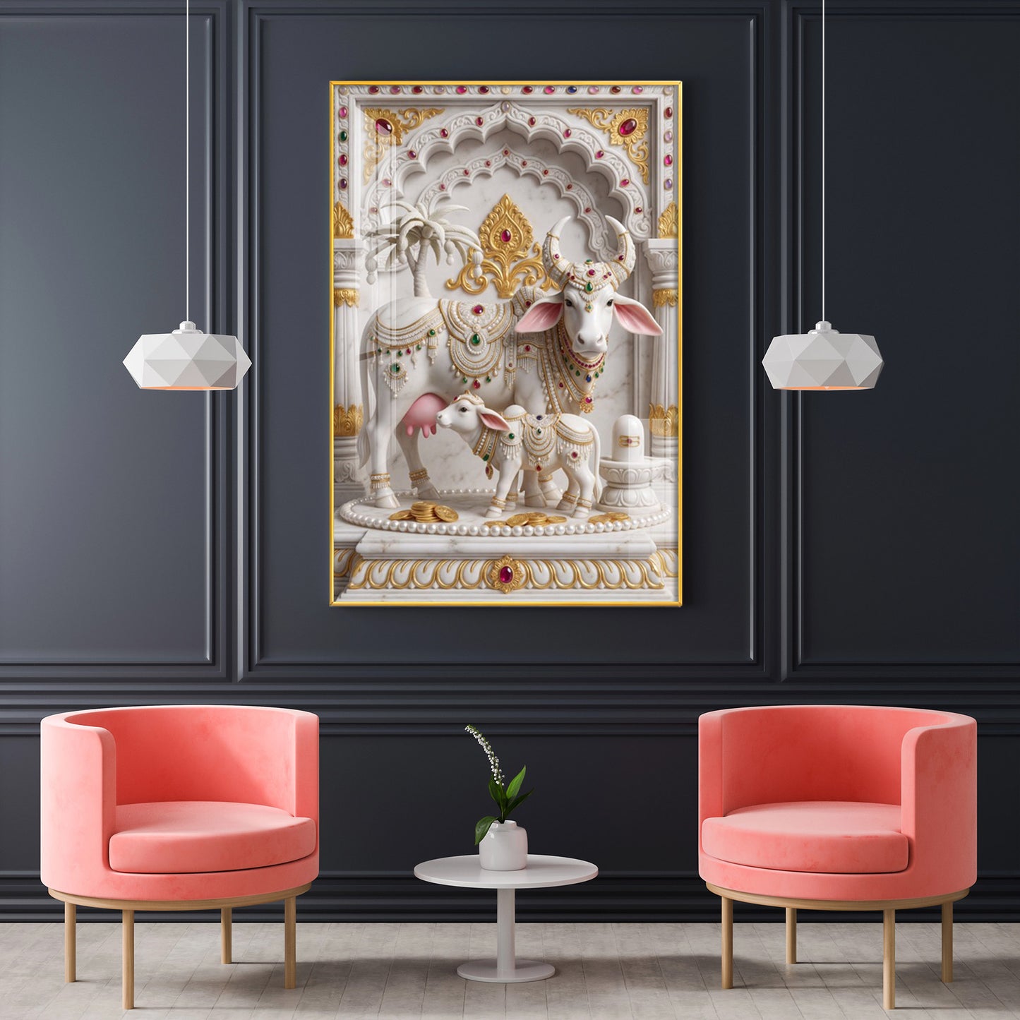 Kamdhenu Cow Calf Glass Finish Vertical Wall Art