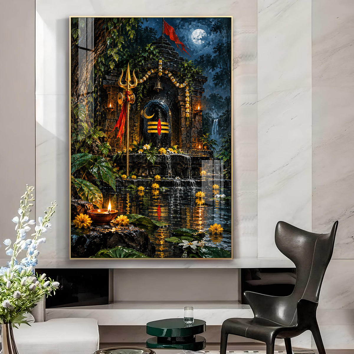 Divine Bholenath Shivalinga & Trishul Glass Finish Vertical Wall Art