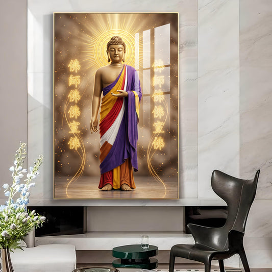 Depicting A Golden Buddha Glass Finish Vertical Wall Art