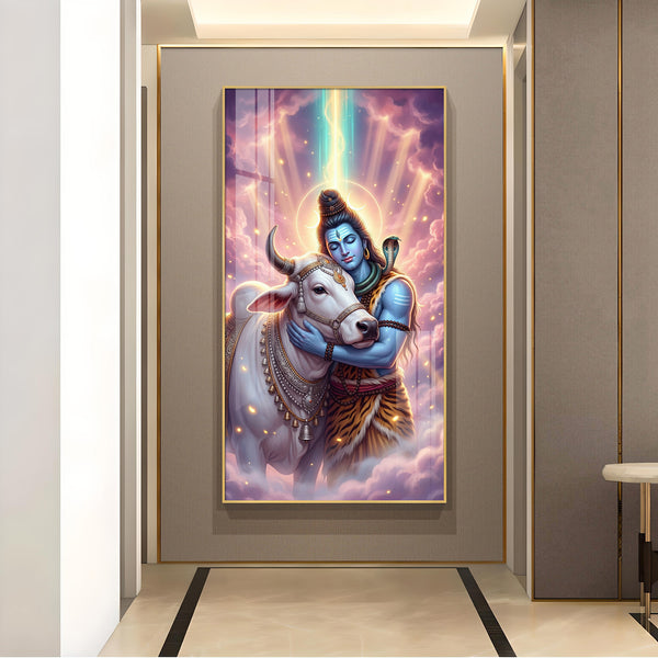 Lord Shiva and Nandi Glass Finish Vertical Wall Art