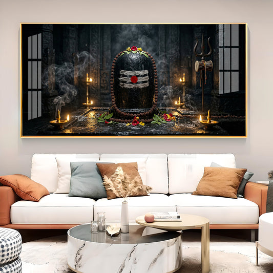 Mahadev Shivling Divine Aura Glass Finish Horizontal Wall Art