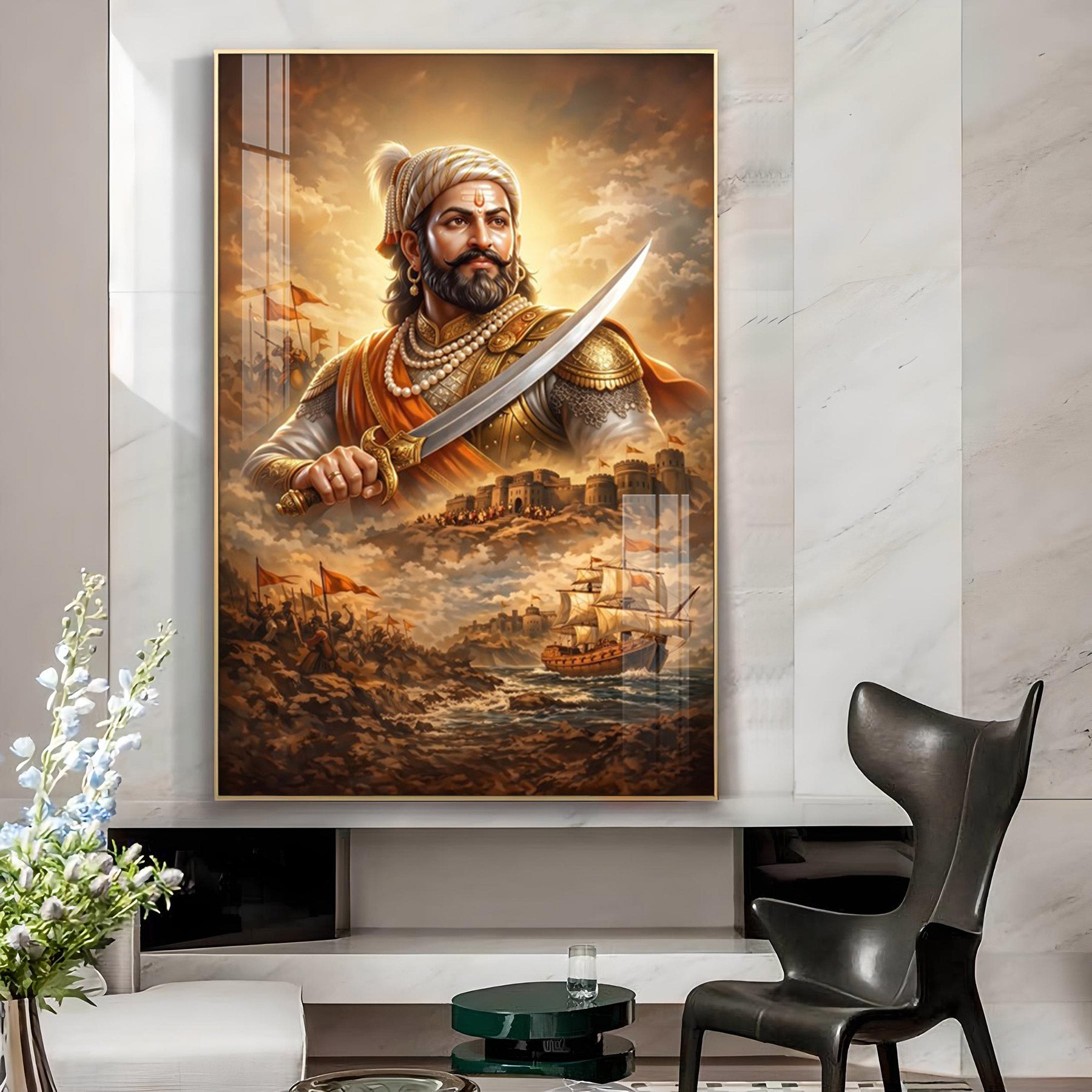 Shri Shivaji Maharaj Glass Finish Vertical Wall Art